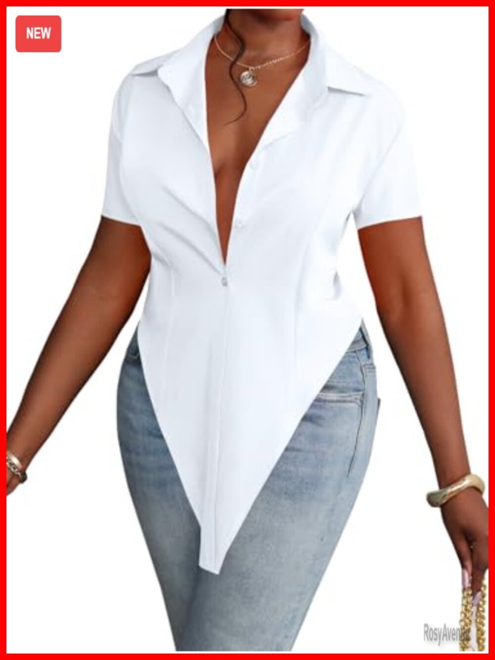 Women's Collar V Neck Button Front Tunic Blouse Asymmetrical Hem